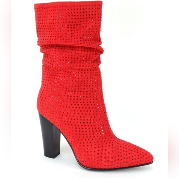 Red Rhinestone Embellished Ruched Ankle Boot Sz 7 - Picture 4 of 5